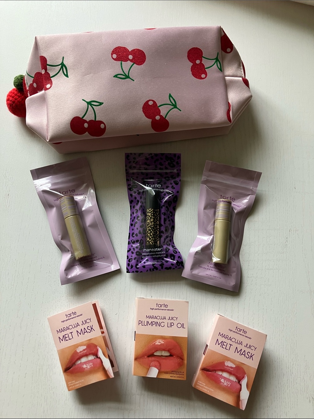 Tarte 6 Piece Set (Travel Size)  + Cherry Fabric Cosmetic Bag